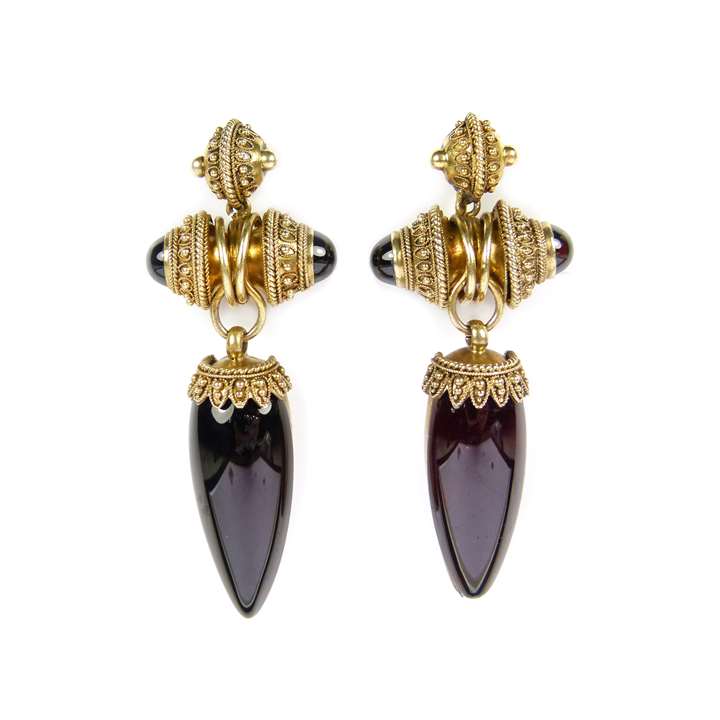 Pair of cabochon garnet and gold pendant earrings